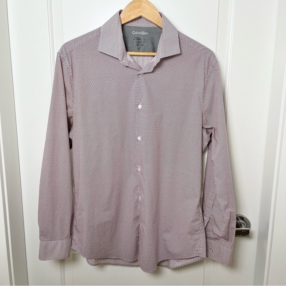 Calvin Klein Button Down Long Sleeve Dress Shirt-Maroon Burgundy Black-Men's 16